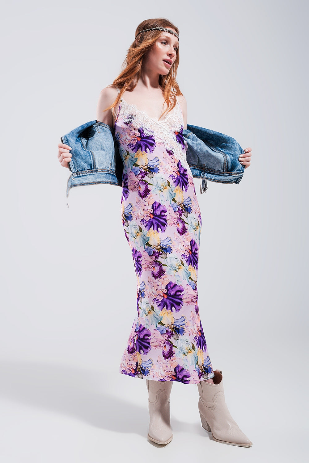 V back Satin midi dress in purple clashing floral print - Dresses