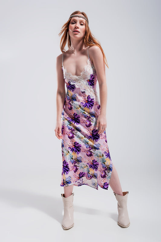 V back Satin midi dress in purple clashing floral print - Dresses