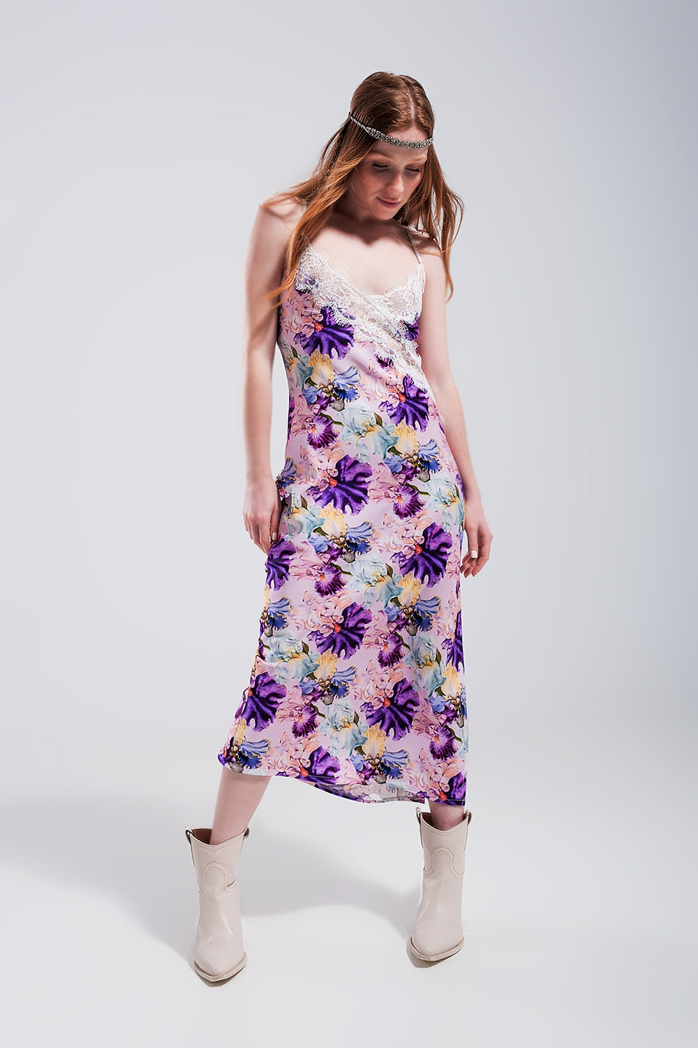 V back Satin midi dress in purple clashing floral print - Dresses