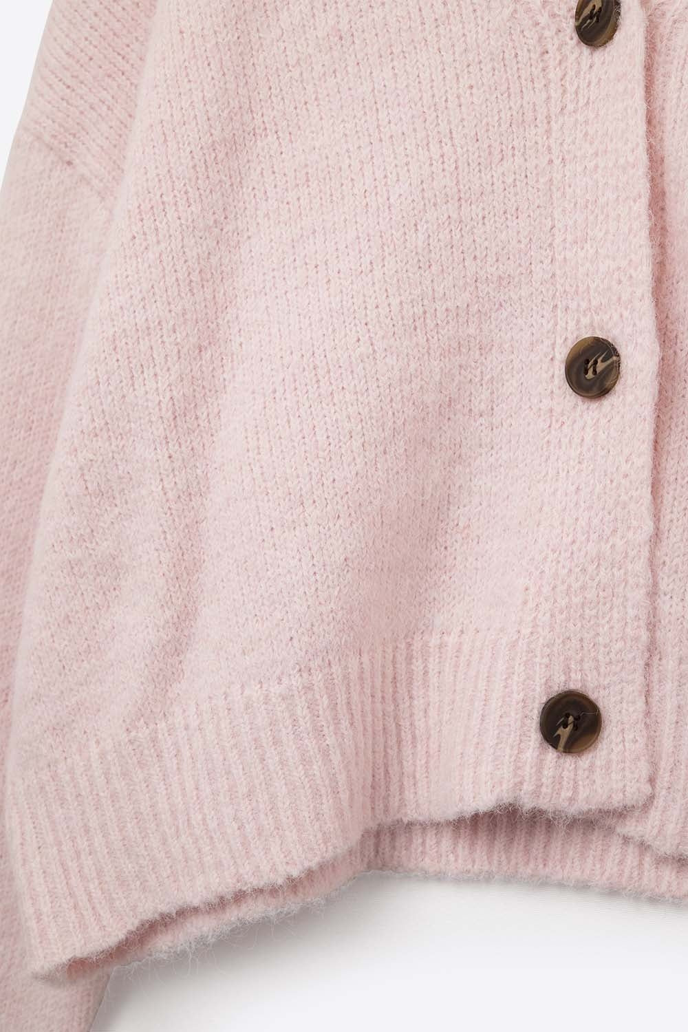 V-neck Basic baby pink Buttoned Cardigan in fluffy knitted - Sweaters
