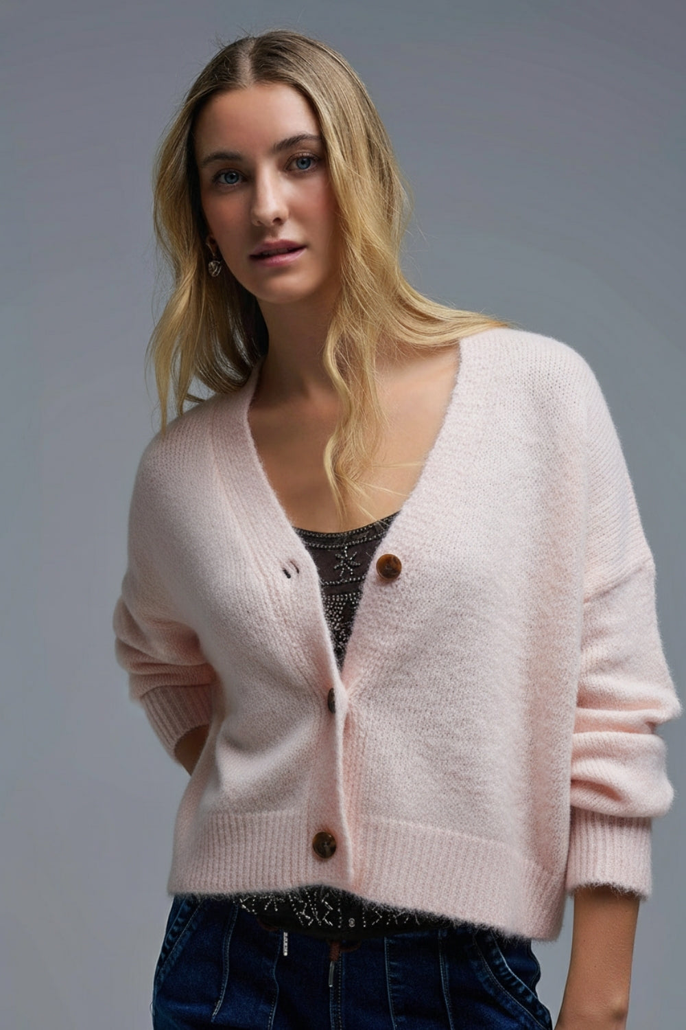 V-neck Basic baby pink Buttoned Cardigan in fluffy knitted - Sweaters