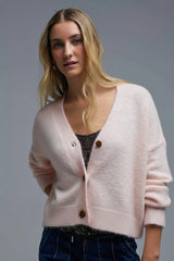 V-neck Basic baby pink Buttoned Cardigan in fluffy knitted