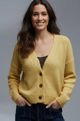 Gilet jaune basique à col V et boutons, en maille duveteuse