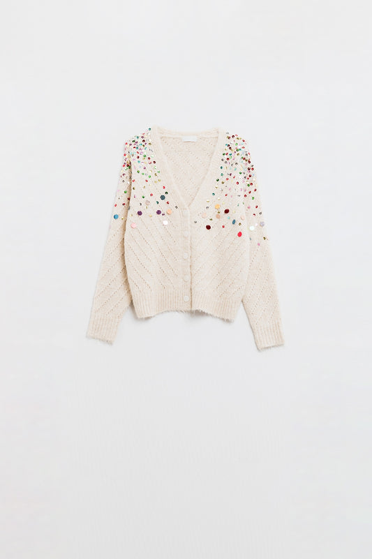 V-neck Cardigan With Multicolor Embroidered Sequin in beige - Cardigans