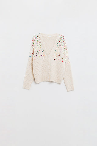 V-neck Cardigan With Multicolor Embroidered Sequin in beige