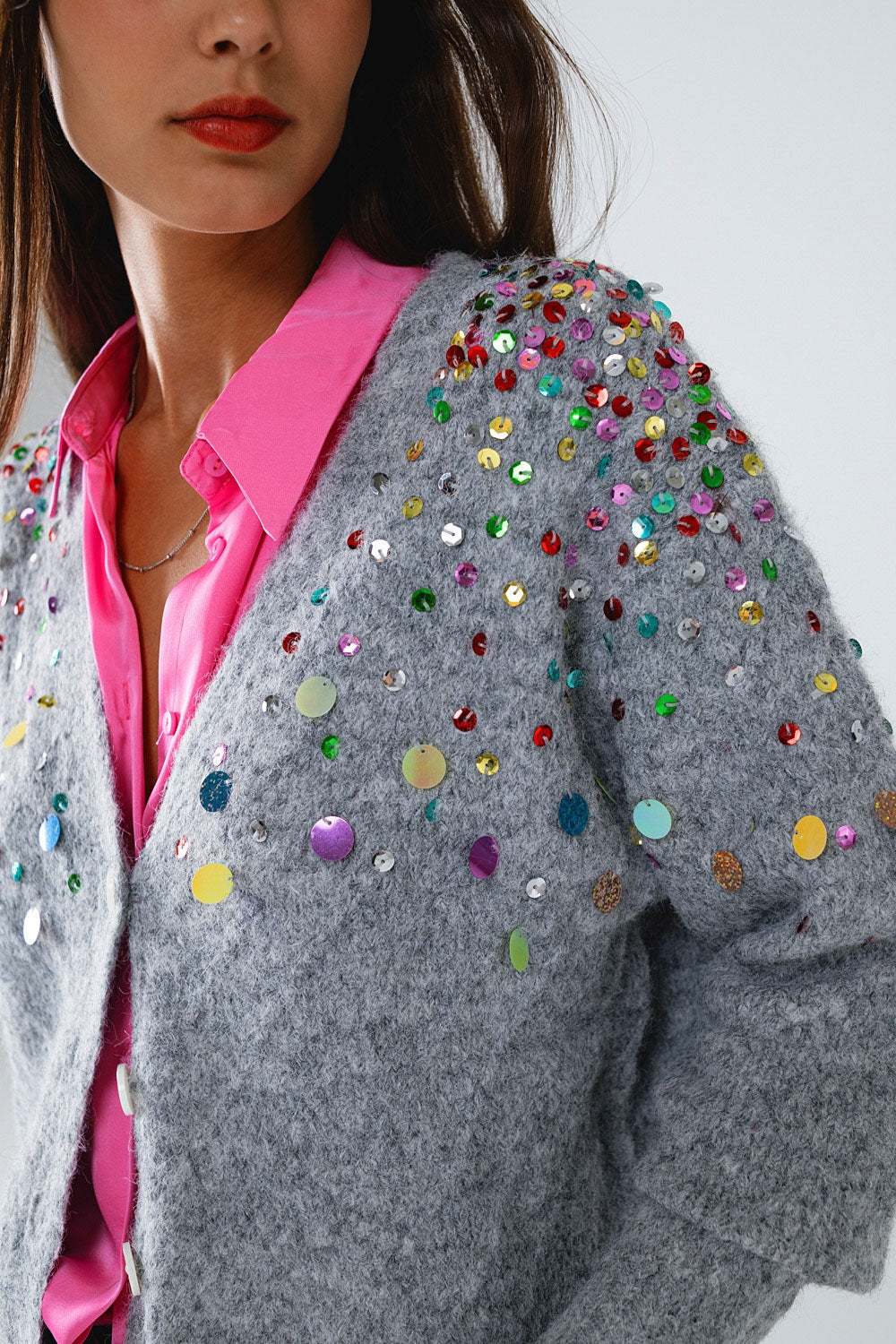 V-neck Cardigan With Multicolor Embroidered Sequin in Gray - Cardigans