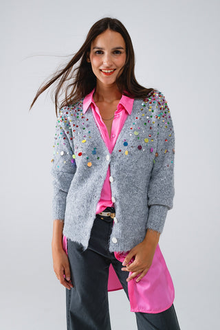 V-neck Cardigan With Multicolor Embroidered Sequin in Gray