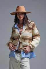 V-neck Chunky Knit Cardigan in striped of Brown and camel