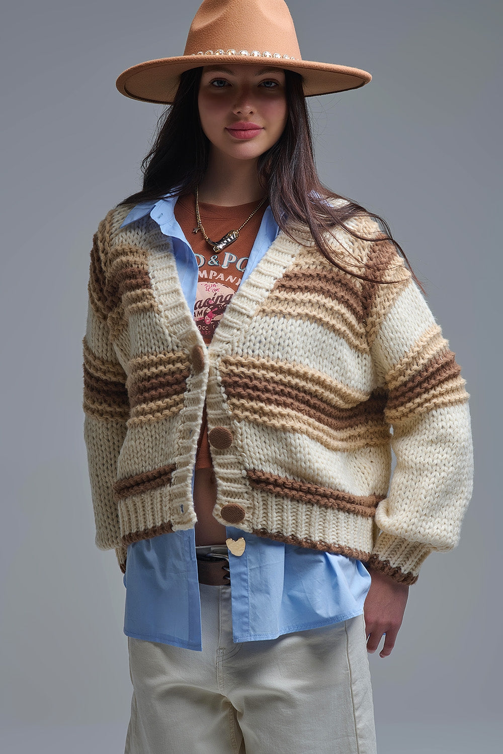V-neck Chunky Knit Cardigan in striped of Brown and camel - Sweaters