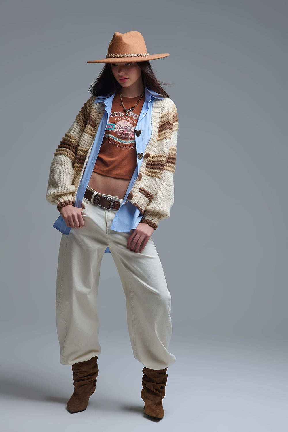 V-neck Chunky Knit Cardigan in striped of Brown and camel - Sweaters