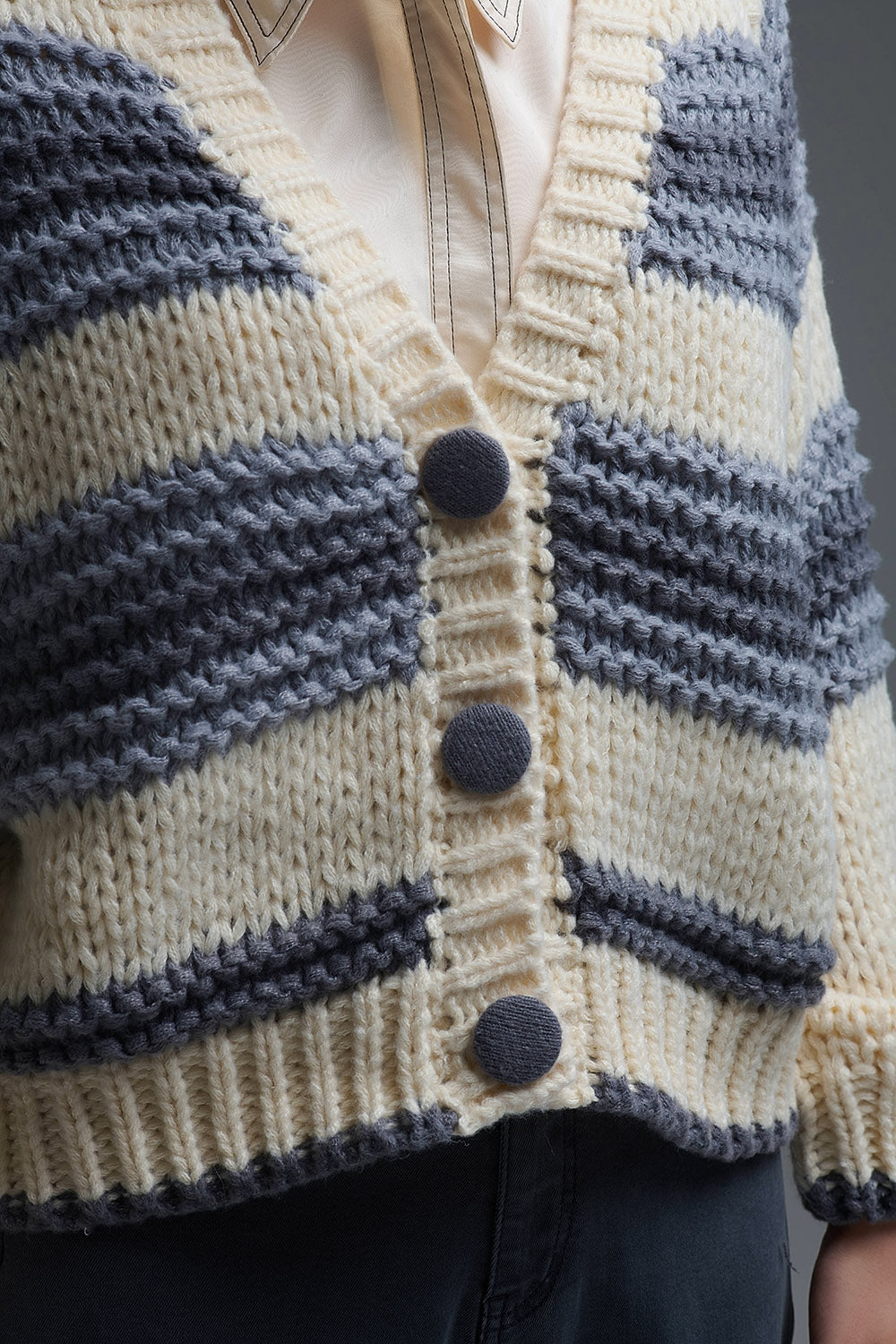 V-neck Chunky Knit Cardigan in striped of Grey and Cream - Coats and Jackets