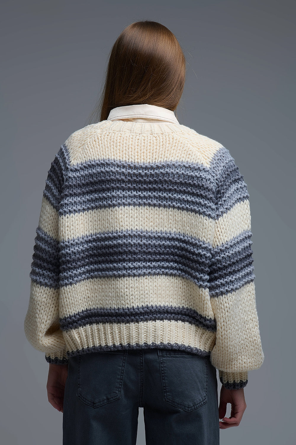 V-neck Chunky Knit Cardigan in striped of Grey and Cream - Coats and Jackets