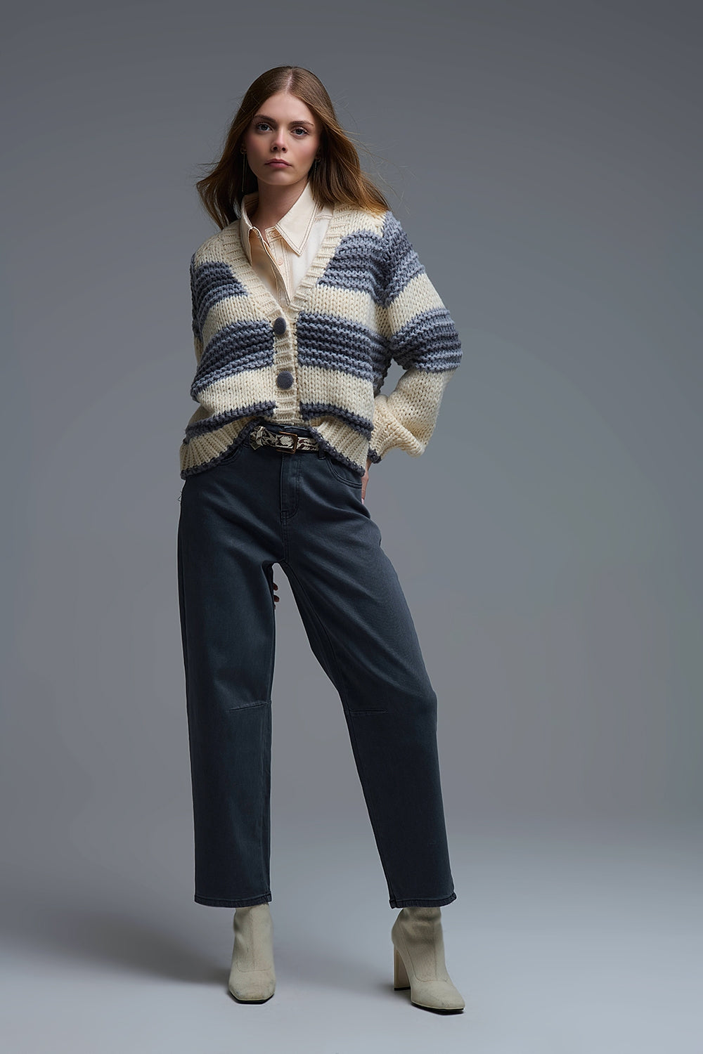 V-neck Chunky Knit Cardigan in striped of Grey and Cream - Coats and Jackets