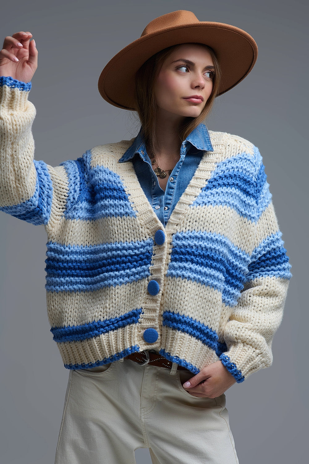 V-neck Chunky Knit Cardigan in stripes of Blue and cream - Coats and Jackets