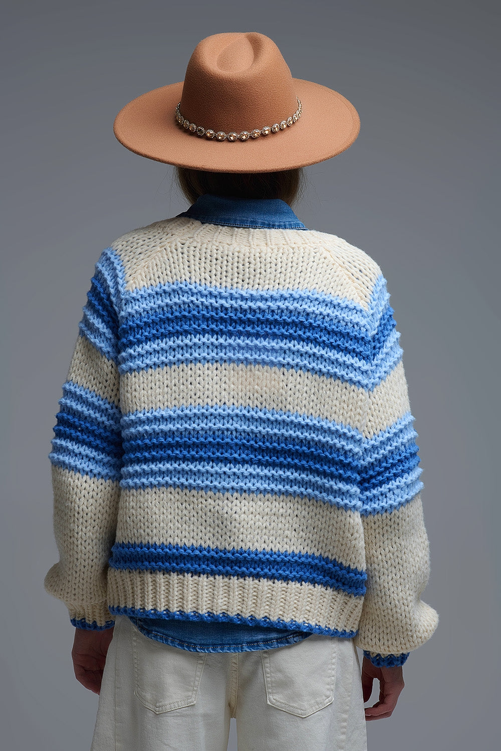 V-neck Chunky Knit Cardigan in stripes of Blue and cream - Coats and Jackets