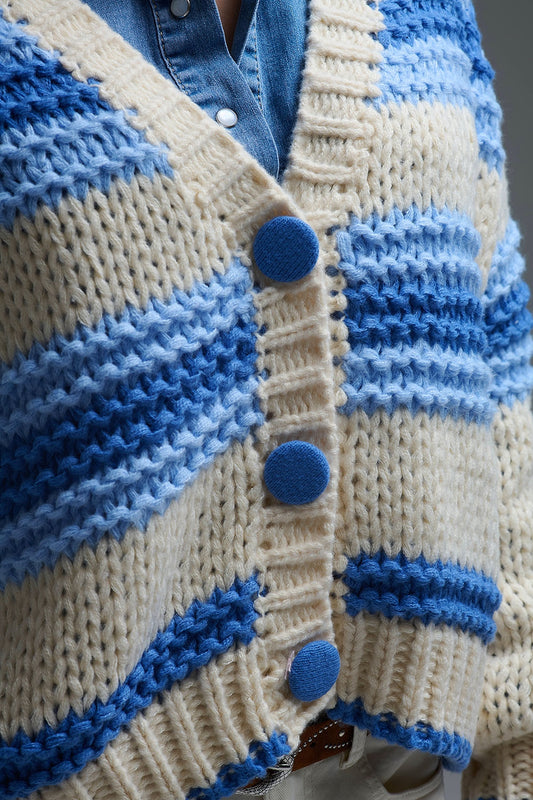 V-neck Chunky Knit Cardigan in stripes of Blue and cream - Coats and Jackets