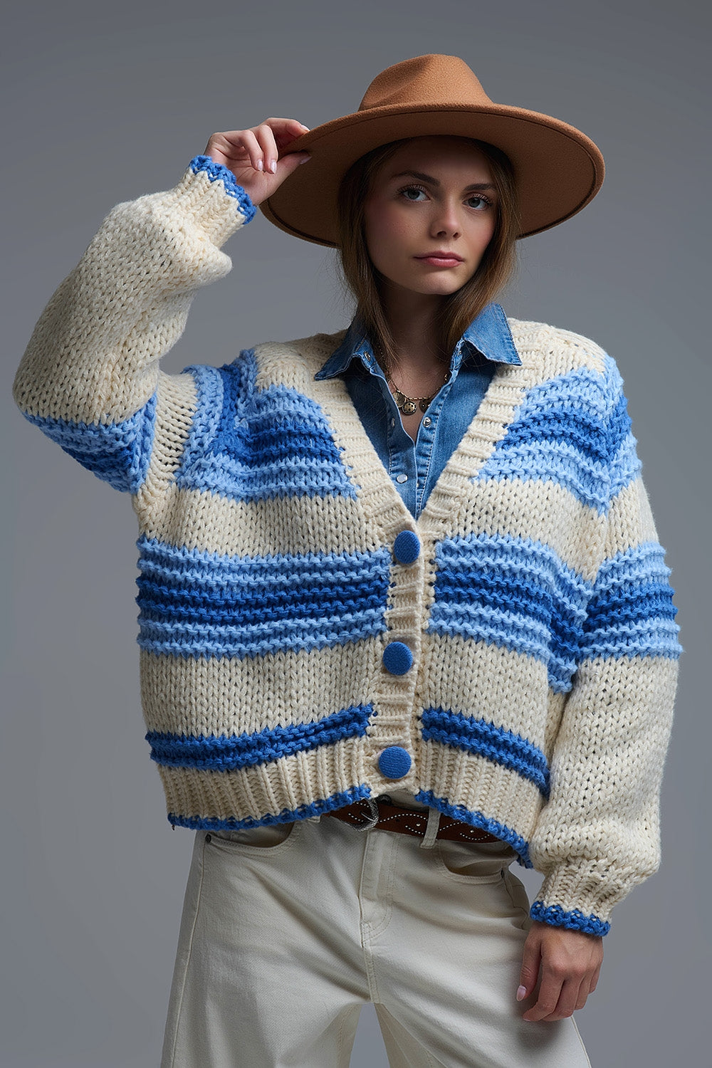 V-neck Chunky Knit Cardigan in stripes of Blue and cream - Coats and Jackets
