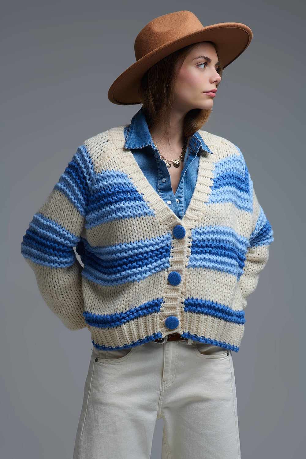 V-neck Chunky Knit Cardigan in stripes of Blue and cream - Coats and Jackets