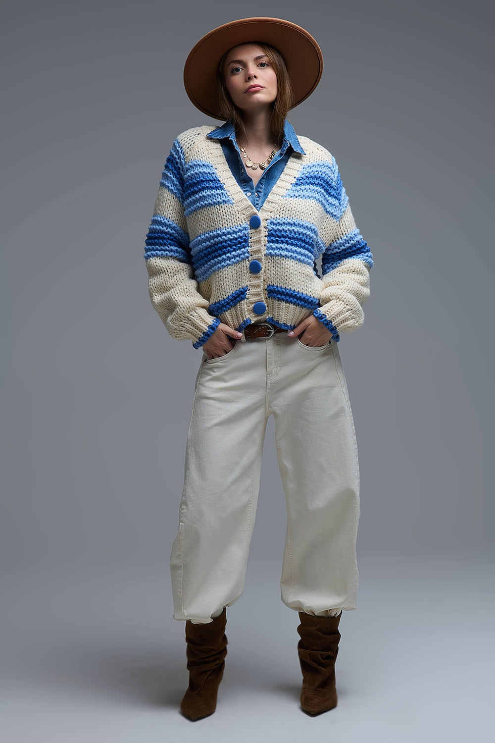 V-neck Chunky Knit Cardigan in stripes of Blue and cream - Coats and Jackets