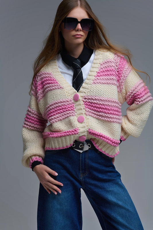 V-neck Chunky Knit Cardigan in stripes of Pink and cream - Coats and Jackets