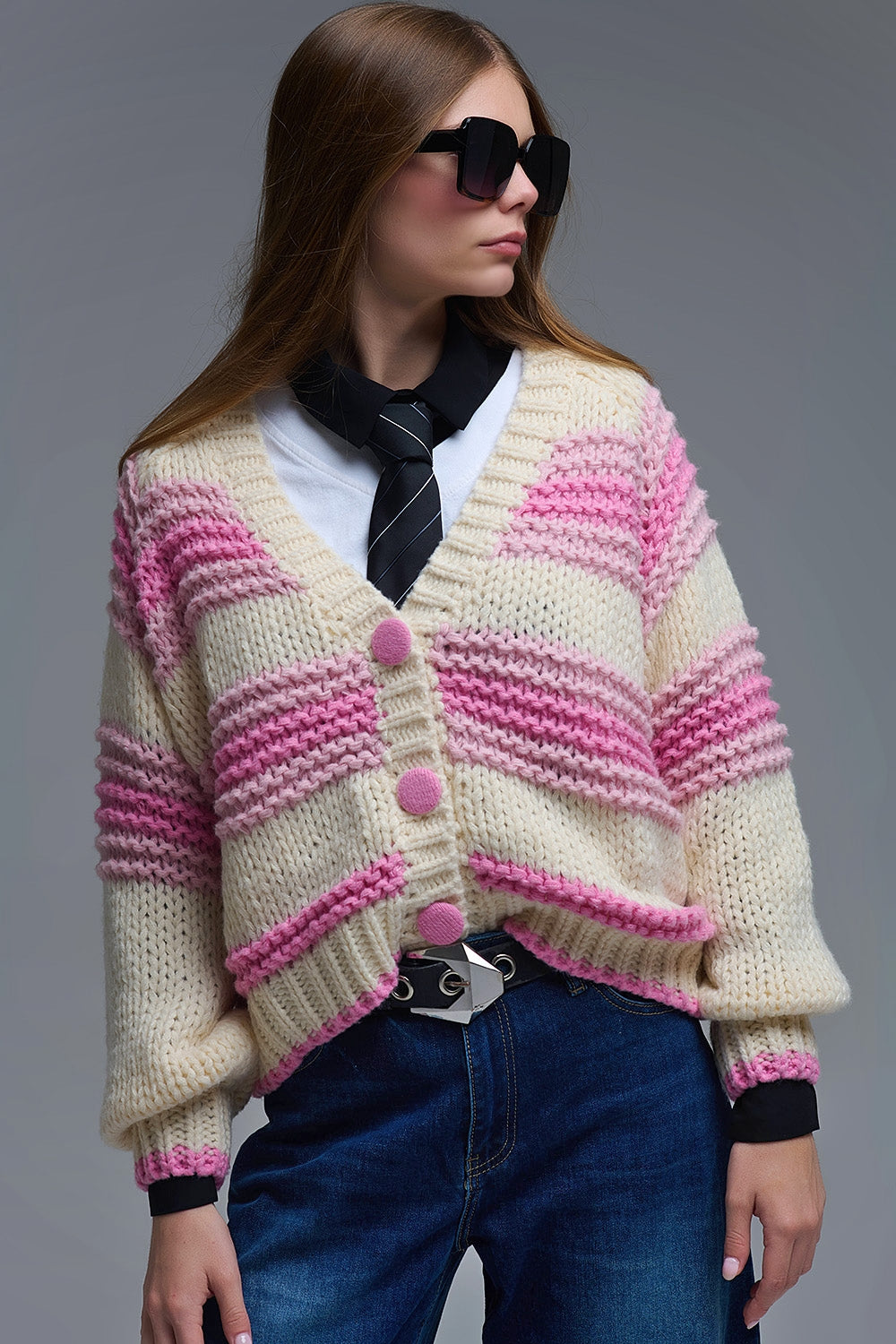 V-neck Chunky Knit Cardigan in stripes of Pink and cream - Coats and Jackets