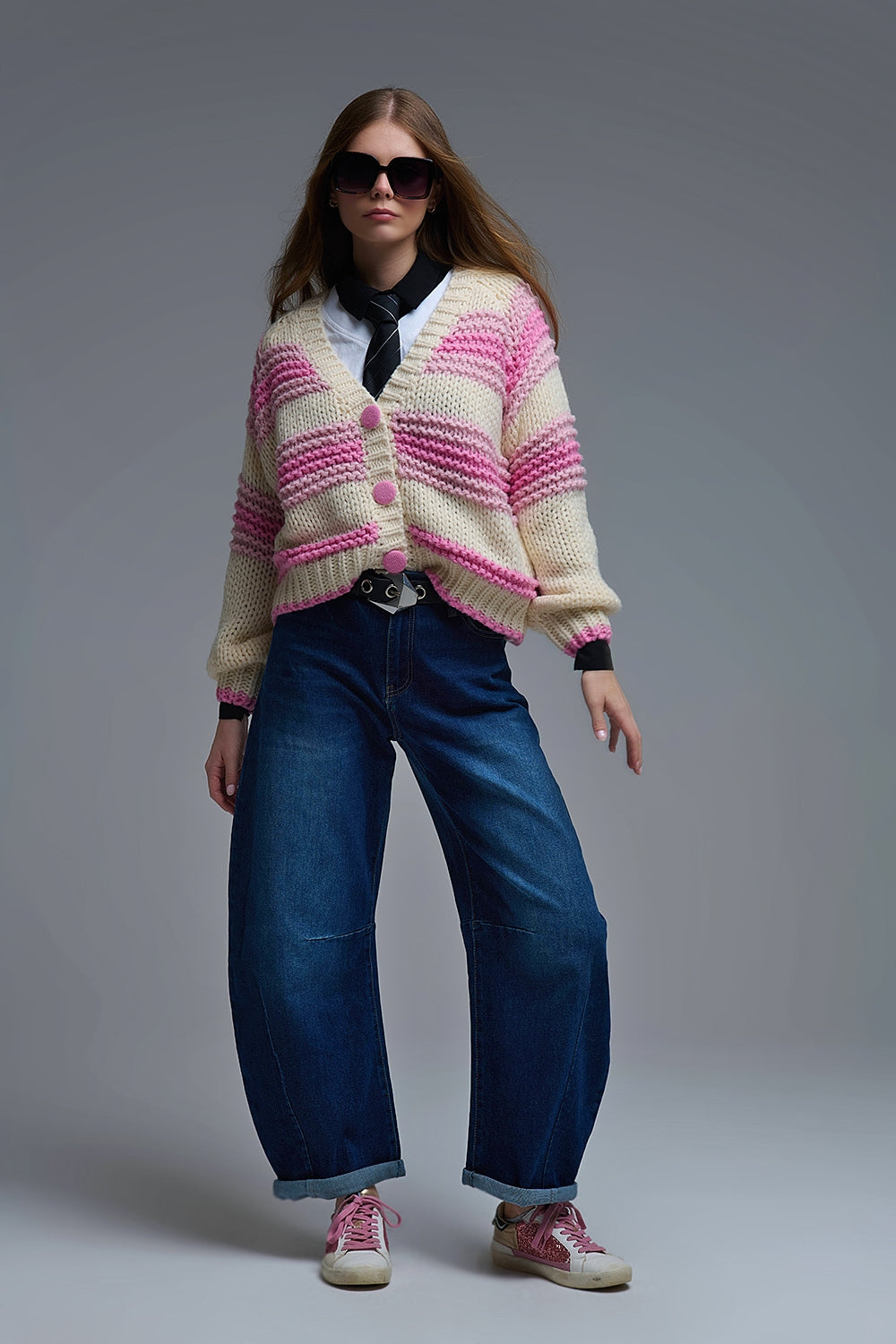 V-neck Chunky Knit Cardigan in stripes of Pink and cream - Coats and Jackets