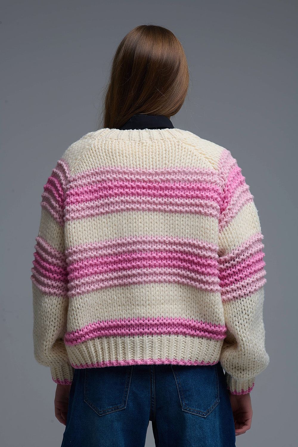 V-neck Chunky Knit Cardigan in stripes of Pink and cream - Coats and Jackets