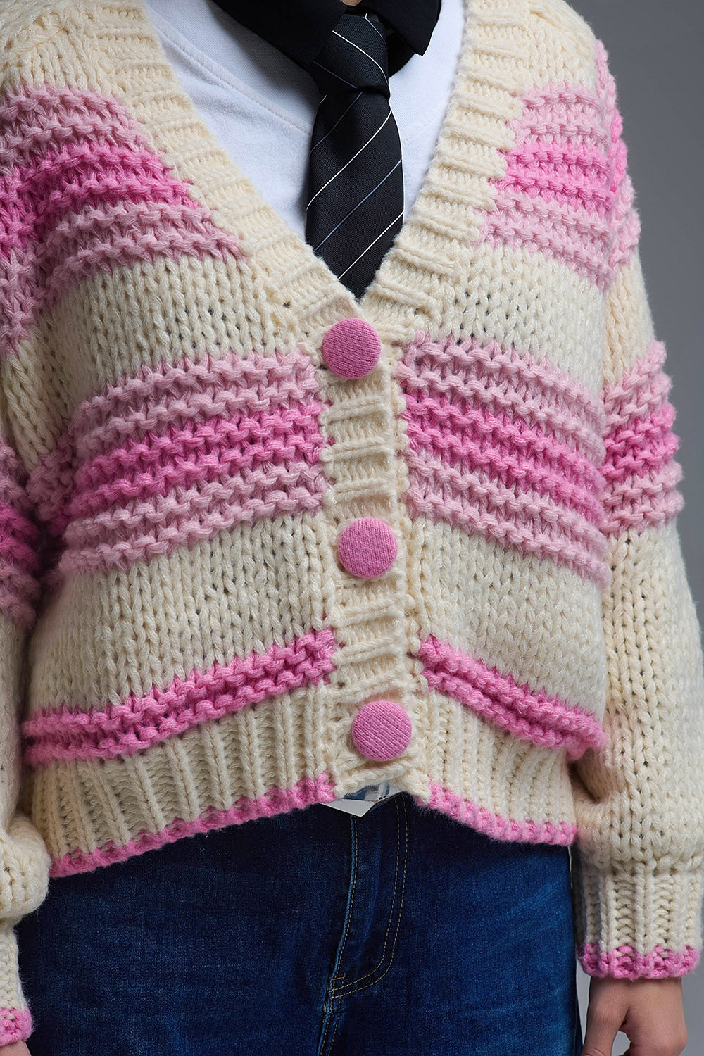 V-neck Chunky Knit Cardigan in stripes of Pink and cream - Coats and Jackets