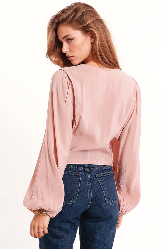 V-neck Cropped Shirt With Super Voluminous Sleeves in Pink - Shirts