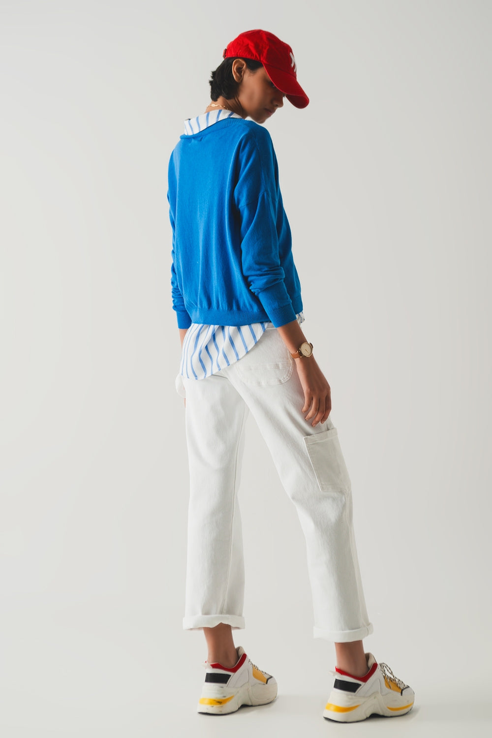 v neck fine knit sweater in blue - Jumpers