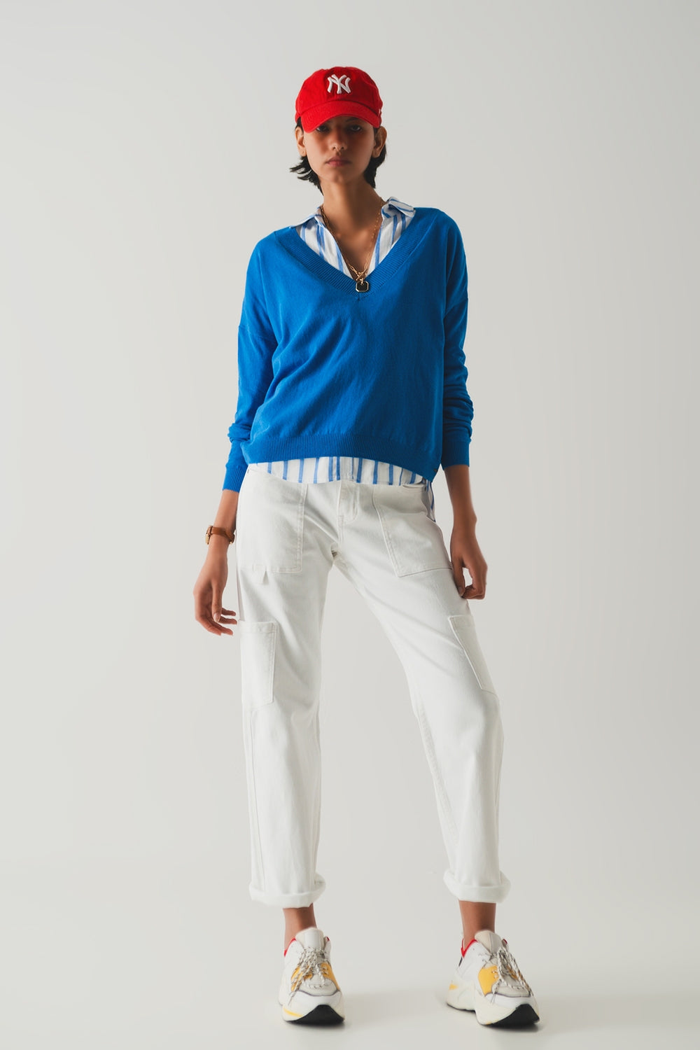 v neck fine knit sweater in blue - Jumpers