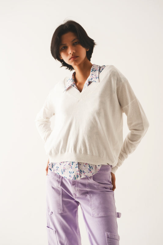 v neck fine knit sweater in cream - Jumpers