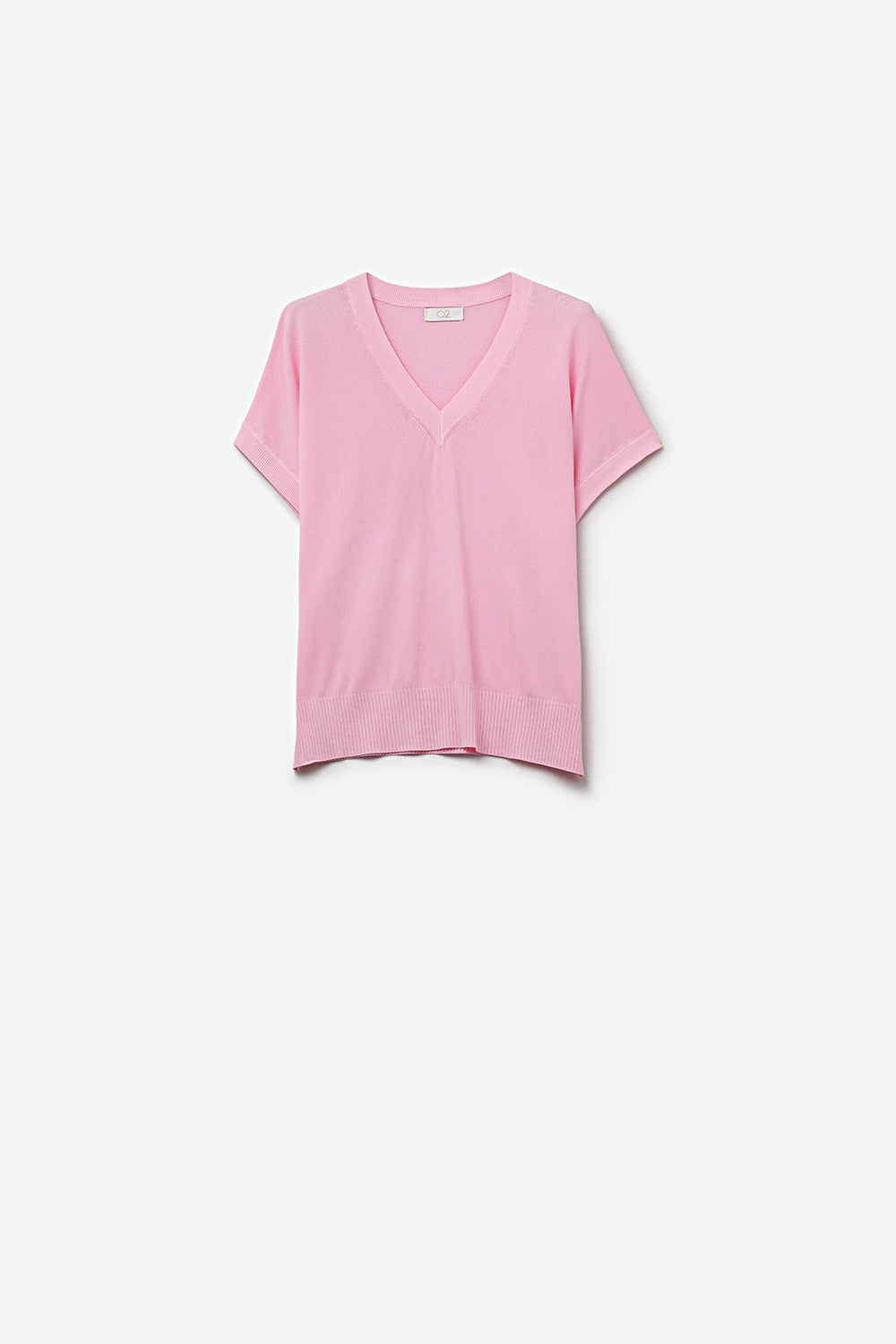V-Neck fine Knit sweater with Ribbed Hem in pink color - Sweaters