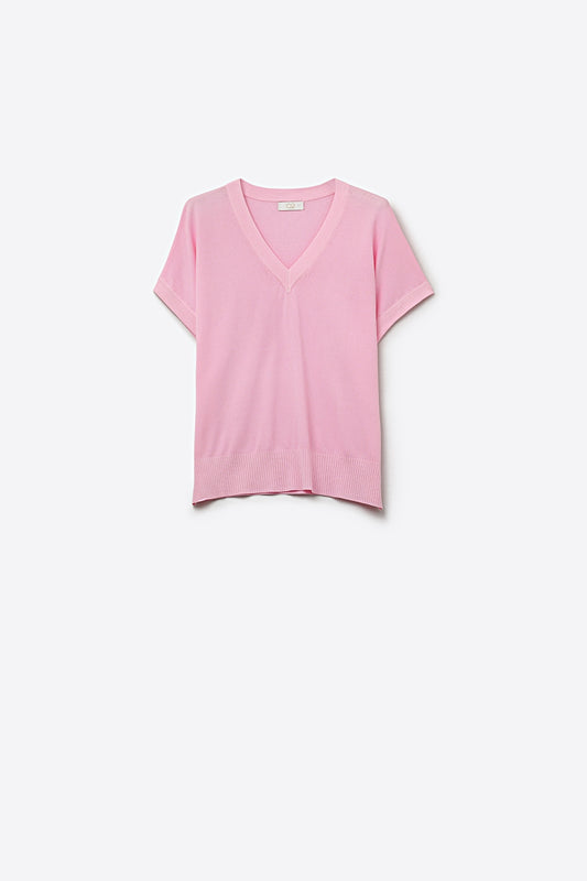 V-Neck fine Knit sweater with Ribbed Hem in pink color - Sweaters