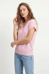 Camisola de malha fina com decote em V e barra canelada na cor rosa