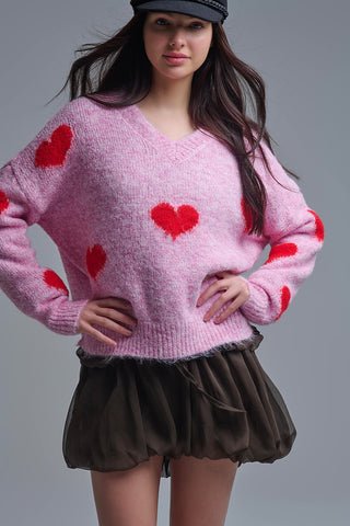 V-neck Long Sleeve Pink Sweater With Red Hearts
