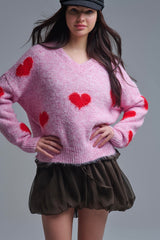 V-neck Long Sleeve Pink Sweater With Red Hearts