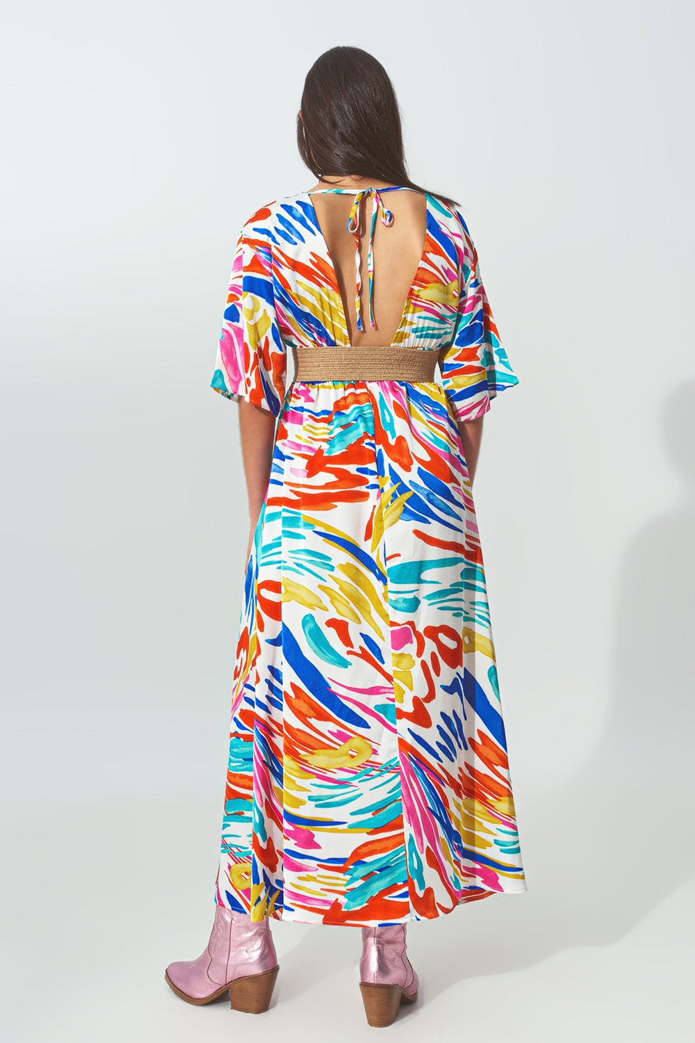 V Neck Maxi Dress with Multicolor Print - Dresses