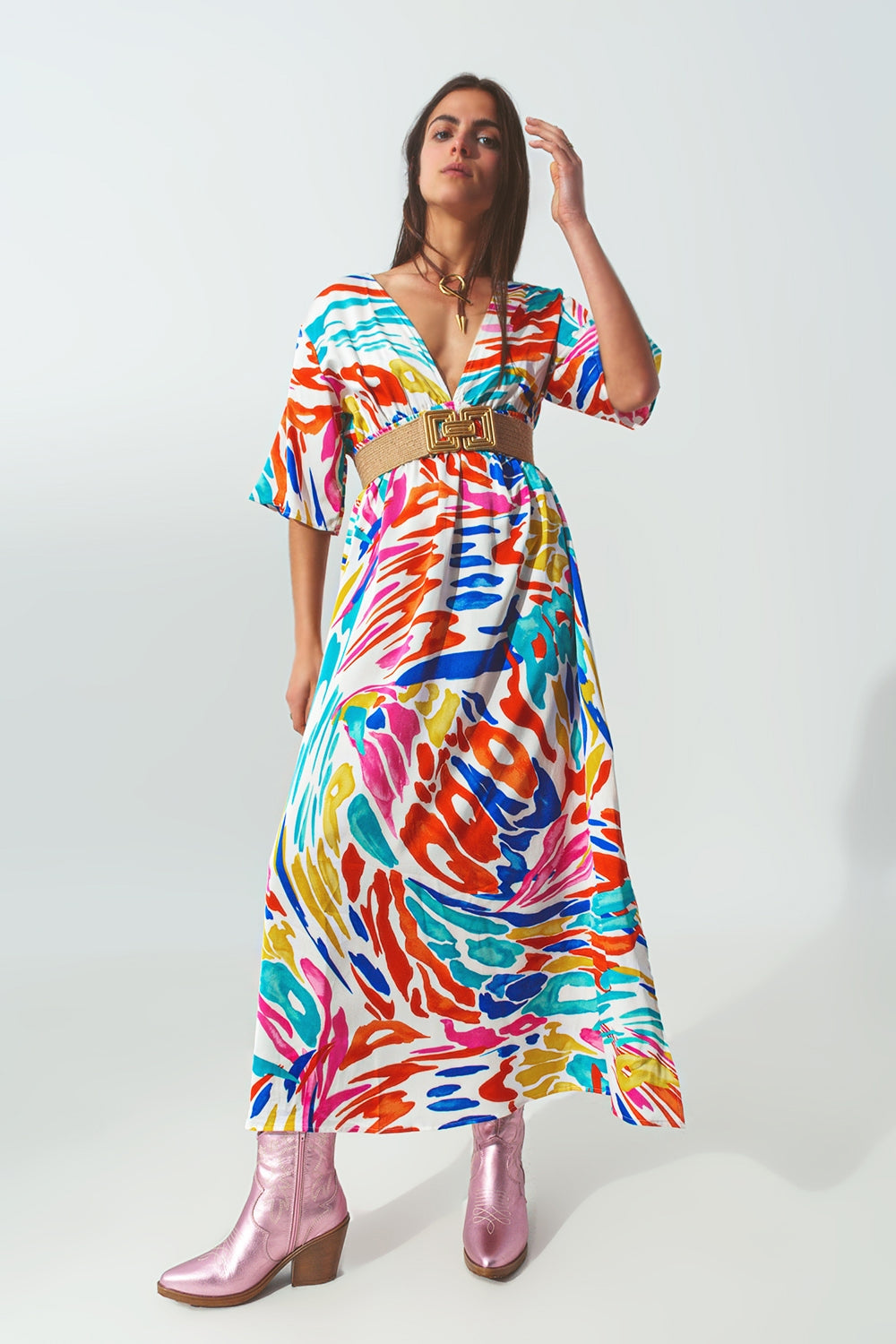 V Neck Maxi Dress with Multicolor Print - Dresses
