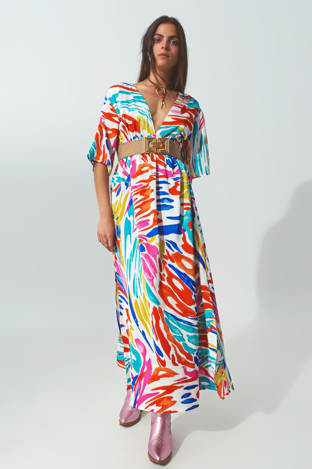 V Neck Maxi Dress with Multicolor Print - Dresses