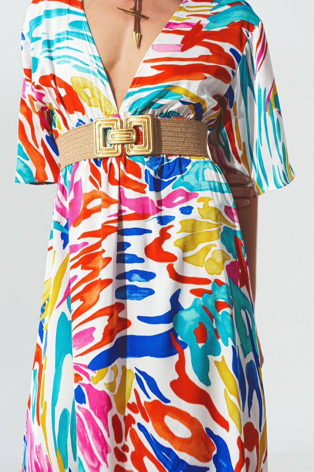 V Neck Maxi Dress with Multicolor Print - Dresses