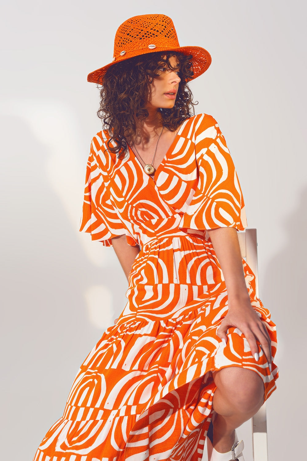 V neck Midi Dress with Print in Orange - Dresses