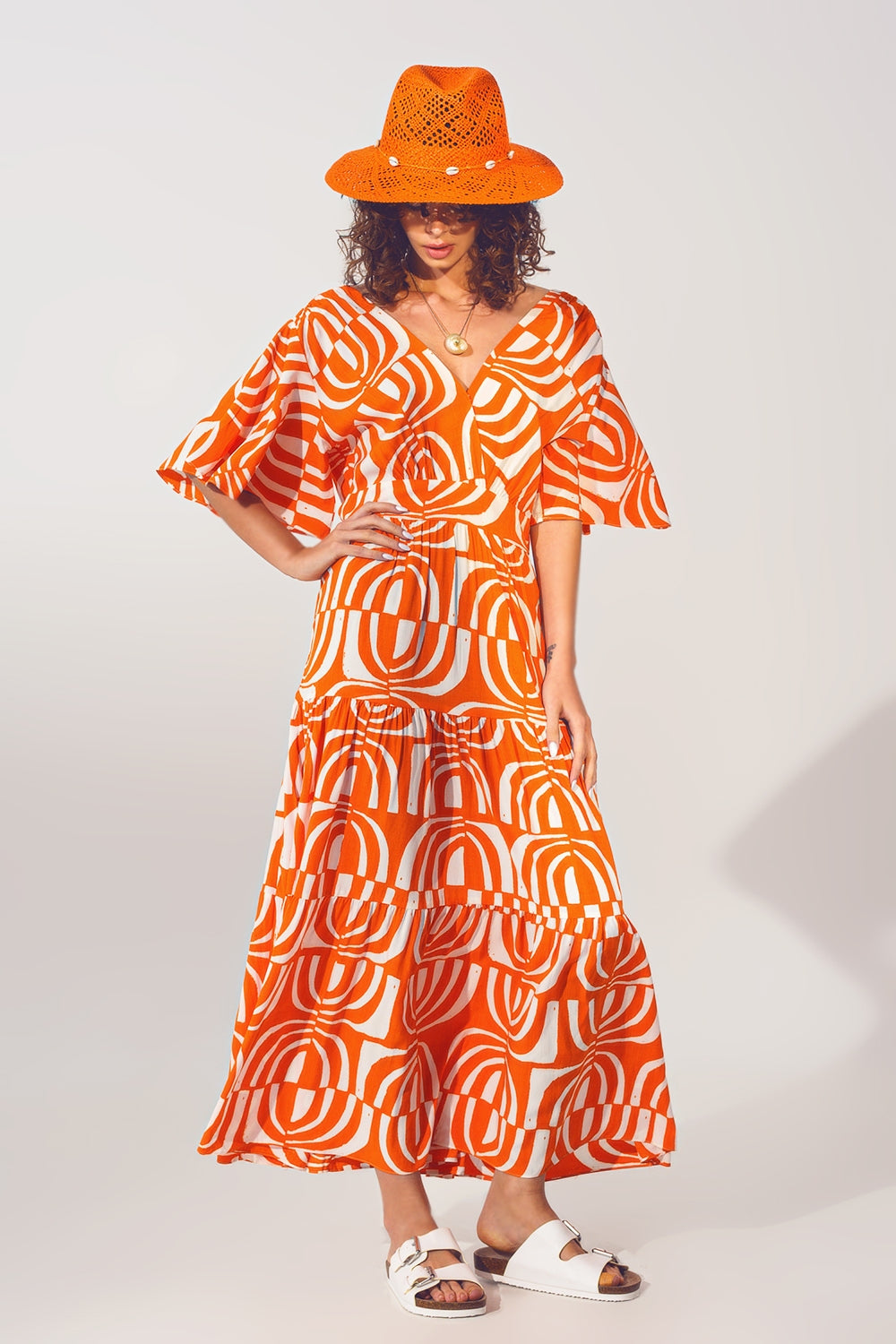 V neck Midi Dress with Print in Orange - Dresses