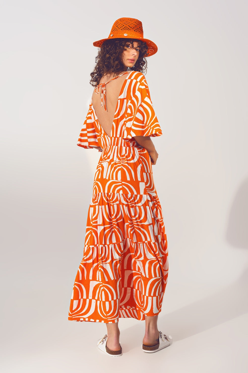 V neck Midi Dress with Print in Orange - Dresses