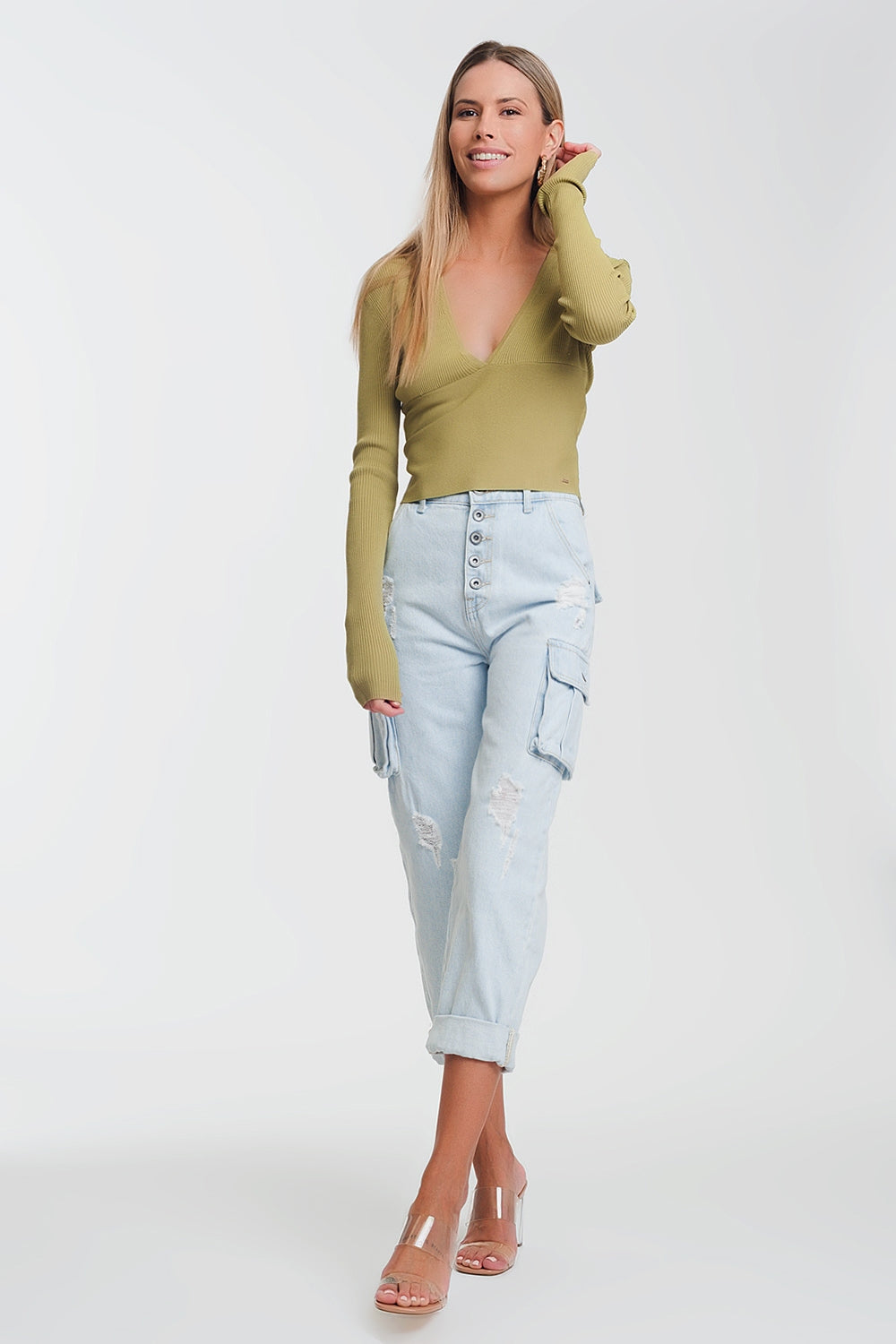 v neck ribbed sweater in green - Jumpers