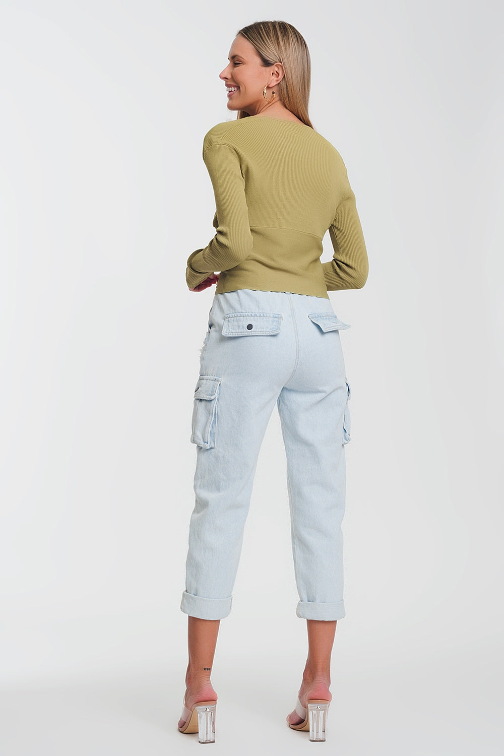 v neck ribbed sweater in green - Jumpers