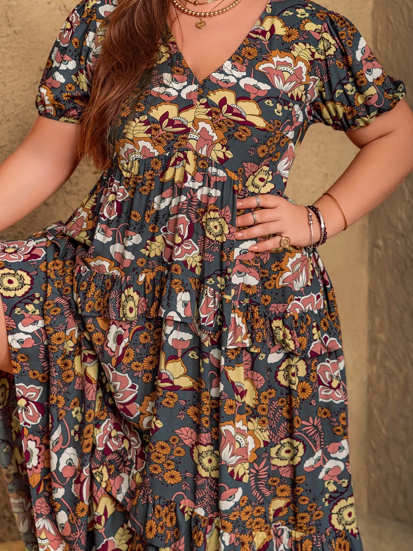 Plus Size V-Neck Short Sleeve Midi Dress -
