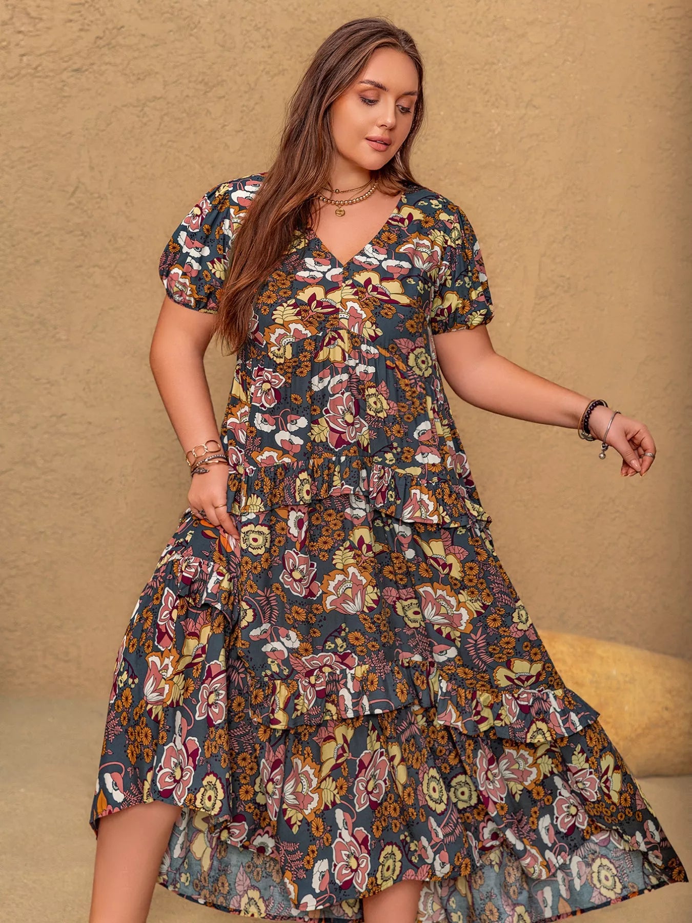 Plus Size V-Neck Short Sleeve Midi Dress -