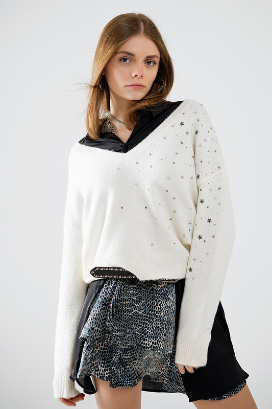 V-neck sweater embellished with metallic stars - Jumpers