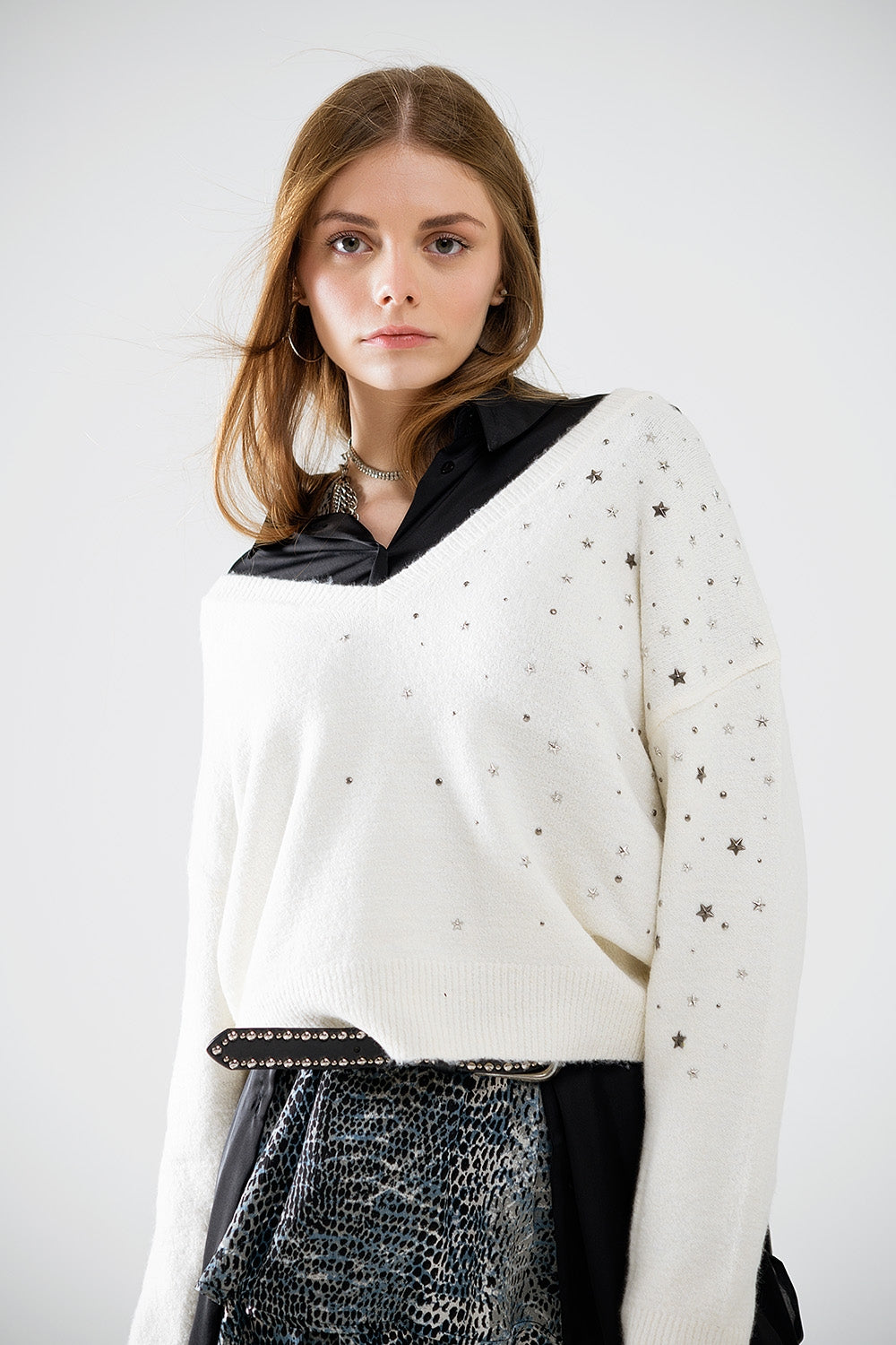 V-neck sweater embellished with metallic stars - Jumpers